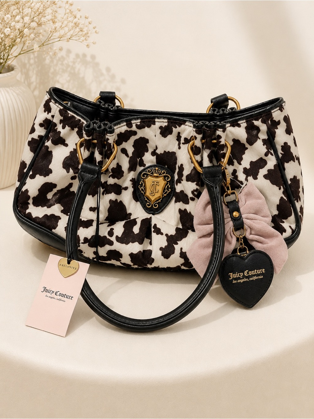 Juicy Couture Black and White Cowprint Shoulder Bag with Pink Bow Charm
